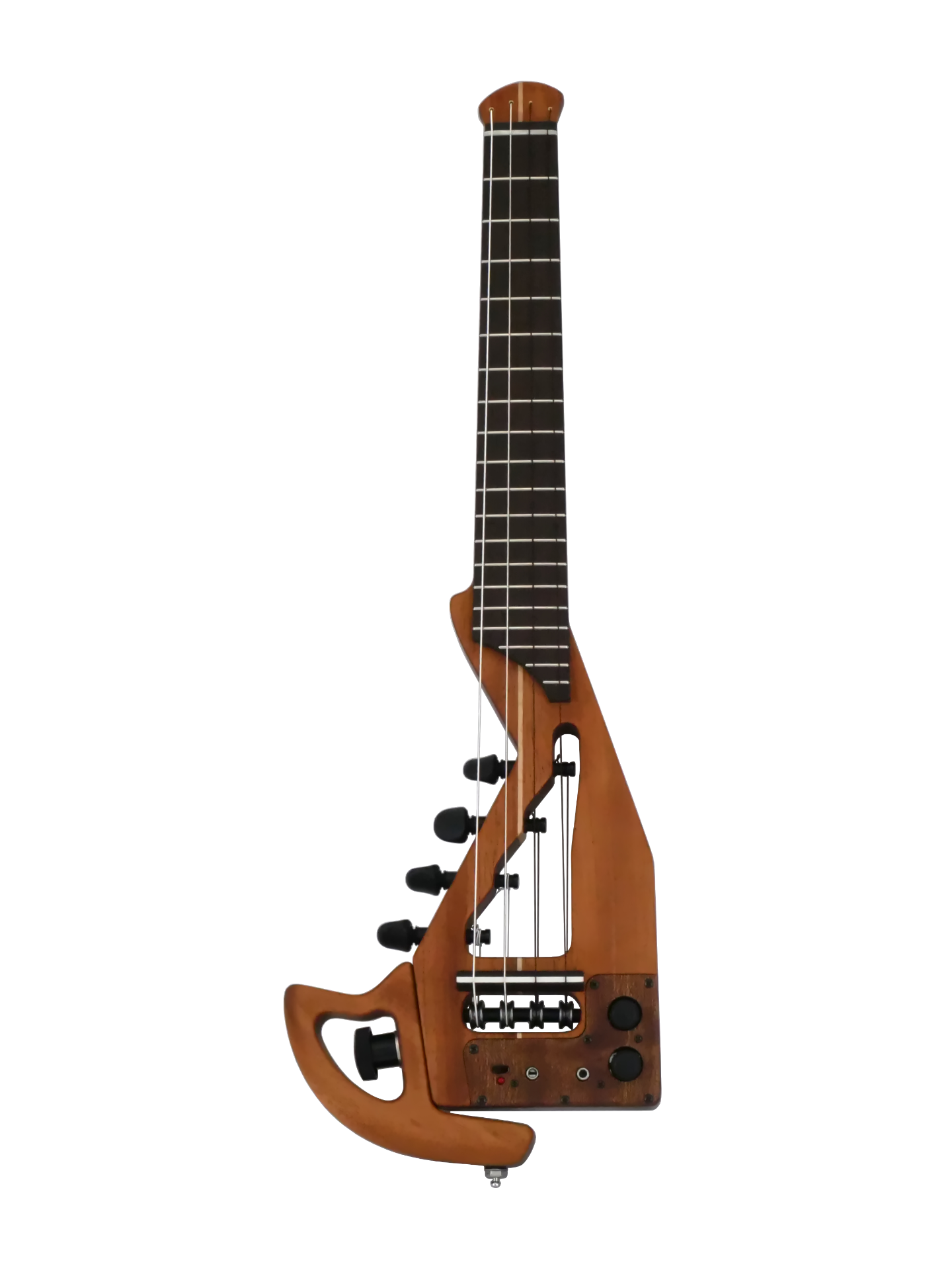 Elektische headless Reise-Ukulele mit abnhembarer Armauflage aus Mahagoni. Mit Kopfhörerausgang