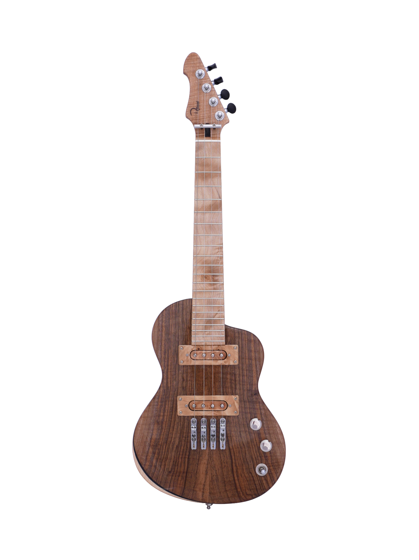 E-Ukulele mit Stahlsaiten und magnetischen Tonabenehmern (Singlecoils), einem Top aus europ. Nussbaum, Ahorn-Griffbrett und Hals aus europ. Nussbaum
